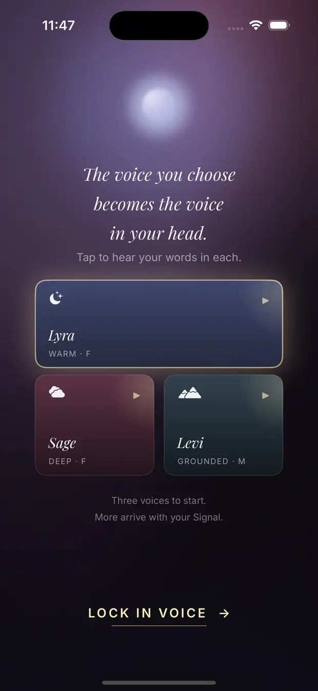 Signal Society voice picker with the Lyra voice selected, alongside Sage and Levi.